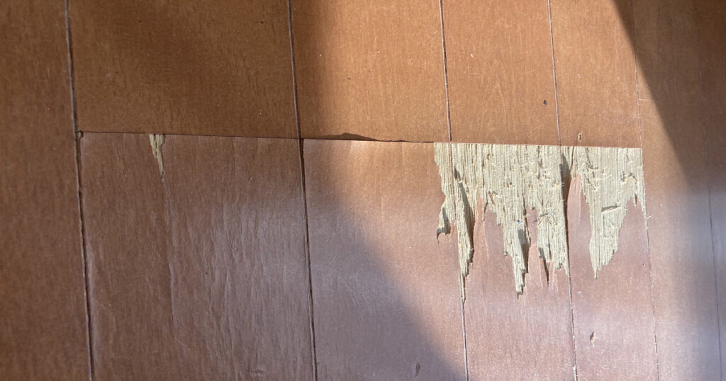 業者に画像を送ったときのデータ。画像の右側は床が剥げており、左側も床の木目が浮いてきて剥がれる寸前の状態。